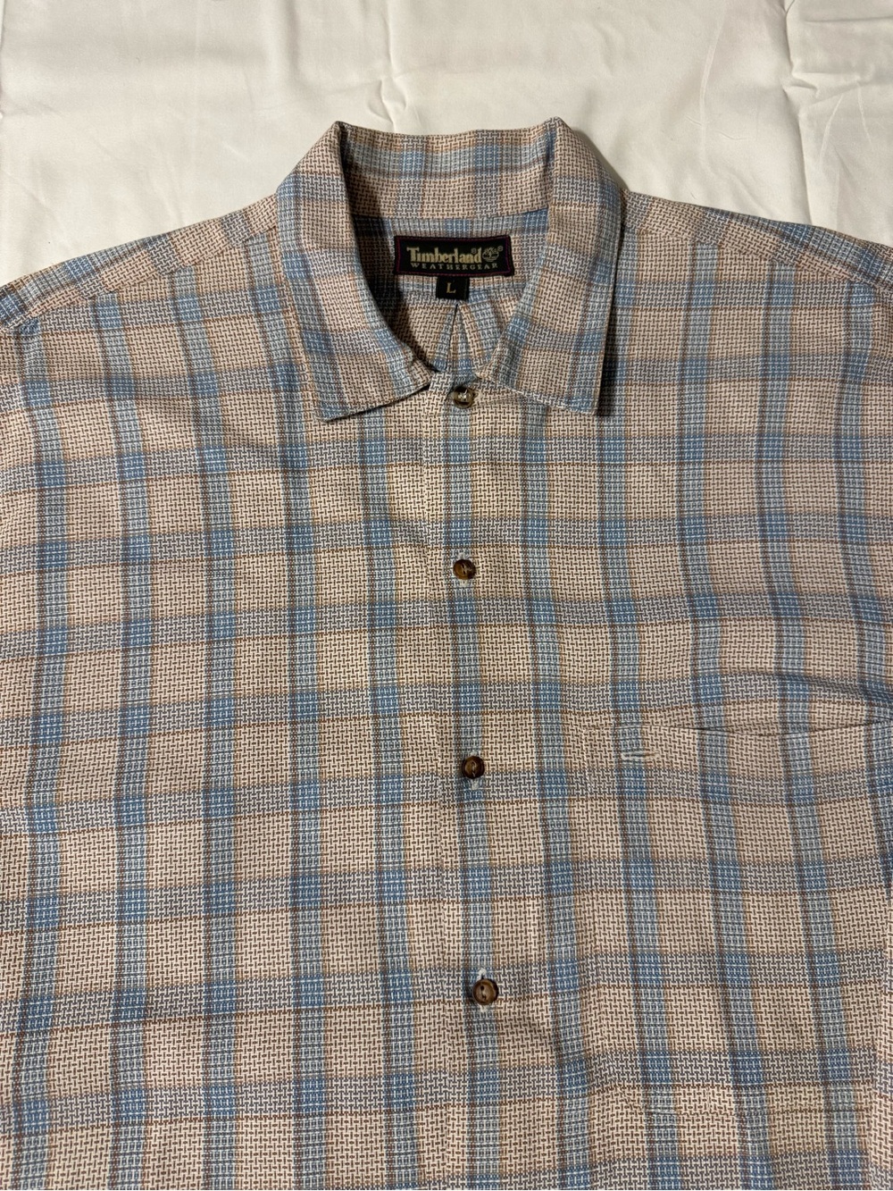 Timberland Weathergear Beige and Light Blue Plaid Long Sleeve Button-Up Large